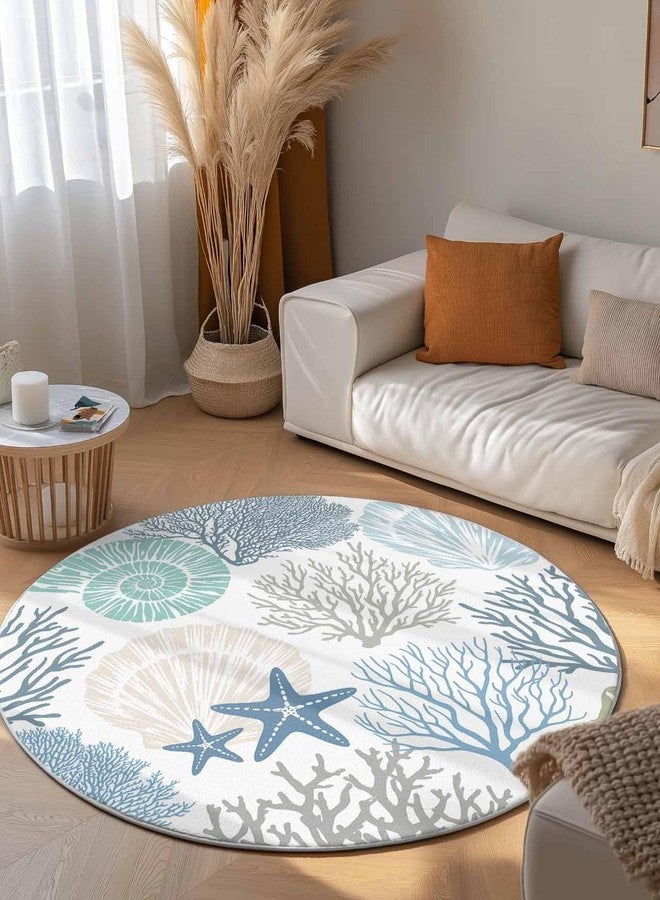 Litter Star Round Area Rug,Blue Ocean Shells Coral Circle Living Room Rug Non-Slip Rugs Indoor Carpet,Conch Starfish Marine Life Soft Comfort Rugs for Bedroom Kids Room - Image 2