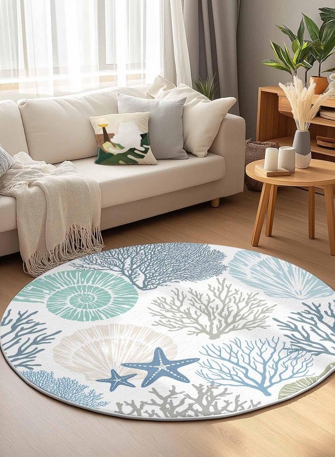 Litter Star Round Area Rug,Blue Ocean Shells Coral Circle Living Room Rug Non-Slip Rugs Indoor Carpet,Conch Starfish Marine Life Soft Comfort Rugs for Bedroom Kids Room - Image 1