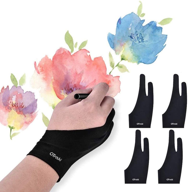 OTraki Drawing Glove 4 Pack Artist Gloves Digital Art Glove Free Size with Two Fingers Tablet Drawing Glove Right Hand for Graphics Pad Painting Good for Right or Left Hand - 2.95 x 7.87 inch - Image 1