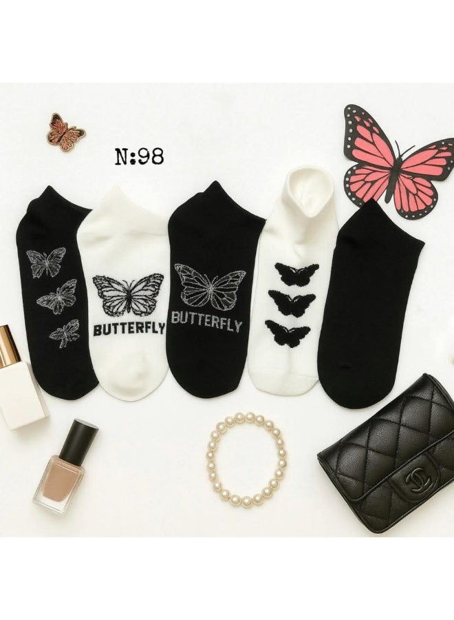 طقم جوارب نسائية قصيرة بتصميم الفراشة مصنوع من القطن الناعم، جوارب كاحل مريحة وعصرية للاستخدام اليومي، مناسبة للبنات والسيدات، مثالية للمنزل والعمل والرياضة الخفيفة مع جودة عالية وثبات لون ممتاز