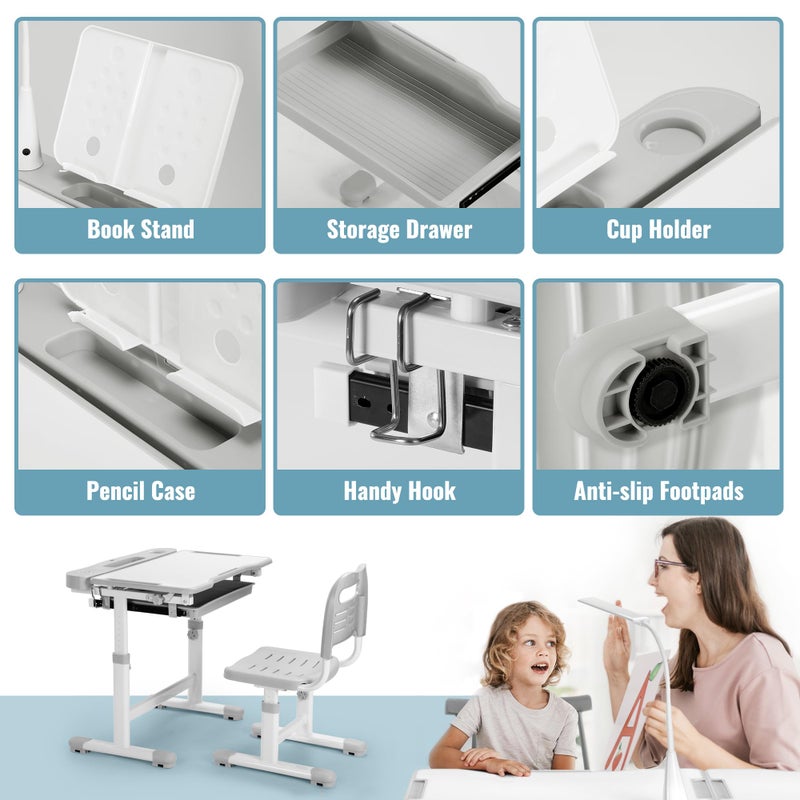 Rengue Kids Desk and Chair Set, Height Adjustable Children School Functional Study Desk with 55Â° Tiltable Desktop, 3 Modes & Brightness LED Light, Storage Drawer & Metal Hook for Boys Girls (Grey) - Image 5