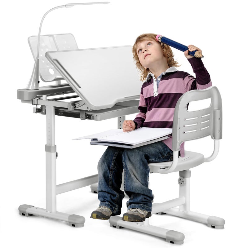 Rengue Kids Desk and Chair Set, Height Adjustable Children School Functional Study Desk with 55Â° Tiltable Desktop, 3 Modes & Brightness LED Light, Storage Drawer & Metal Hook for Boys Girls (Grey) - Image 1