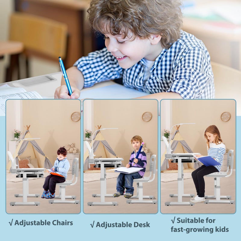 Rengue Kids Desk and Chair Set, Height Adjustable Children School Functional Study Desk with 55Â° Tiltable Desktop, 3 Modes & Brightness LED Light, Storage Drawer & Metal Hook for Boys Girls (Grey) - Image 4
