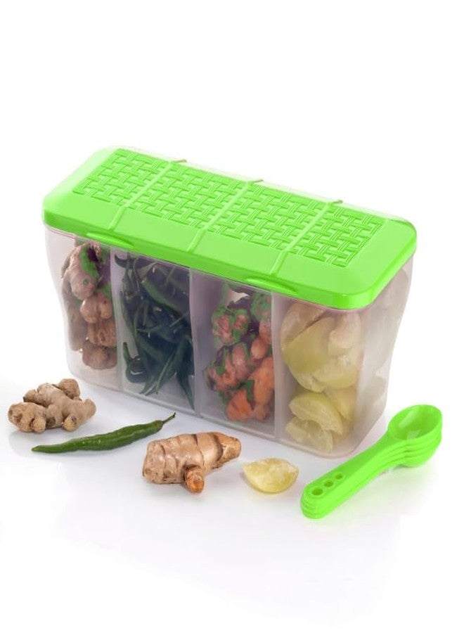 SORATH 4 in 1 Multipurpose 4 Section Kitchen, Fridge Storage Airtight Container Set for Vegetables, Dryfruits, Spices, Groceries, and Pickles with 4 Spoons Storage Set 1800 ml- (Green, Pack of 1) - Image 1