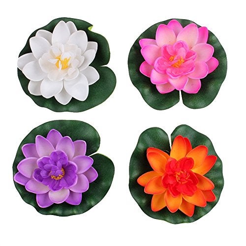 lasenersm Set Of 4 Different Color Artificial Floating Foam Lotus Flower Water Lily for Home Garden Pond Decor,Small - Image 1