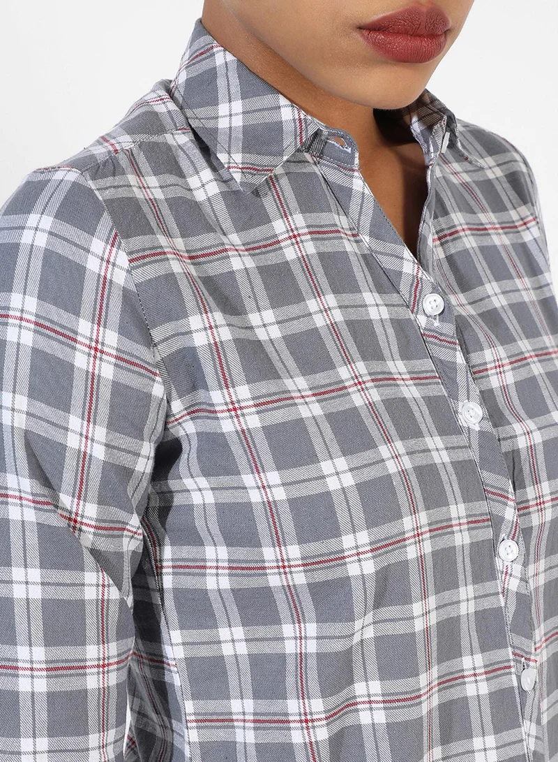 PINACOLADA Women's Graphite Grey Tartan Plaid Shirt For Casual Wear | Spread Collar | Long Sleeve | Button Closure | Shirt Designed With Comfortable Fit For Woman & Girls