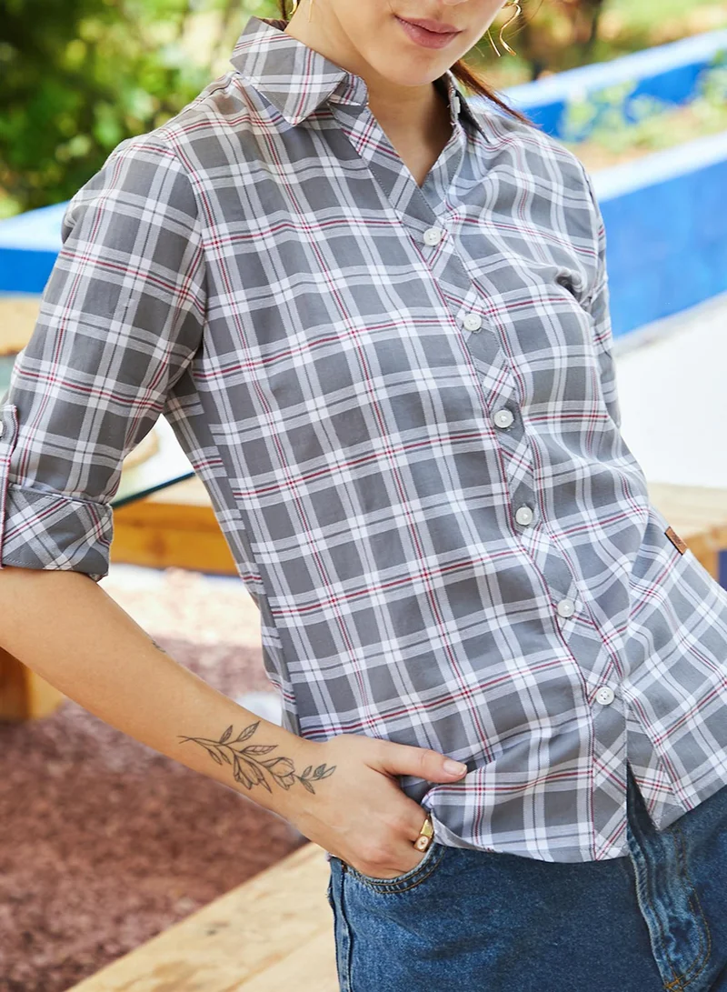PINACOLADA Women's Graphite Grey Tartan Plaid Shirt For Casual Wear | Spread Collar | Long Sleeve | Button Closure | Shirt Designed With Comfortable Fit For Woman & Girls