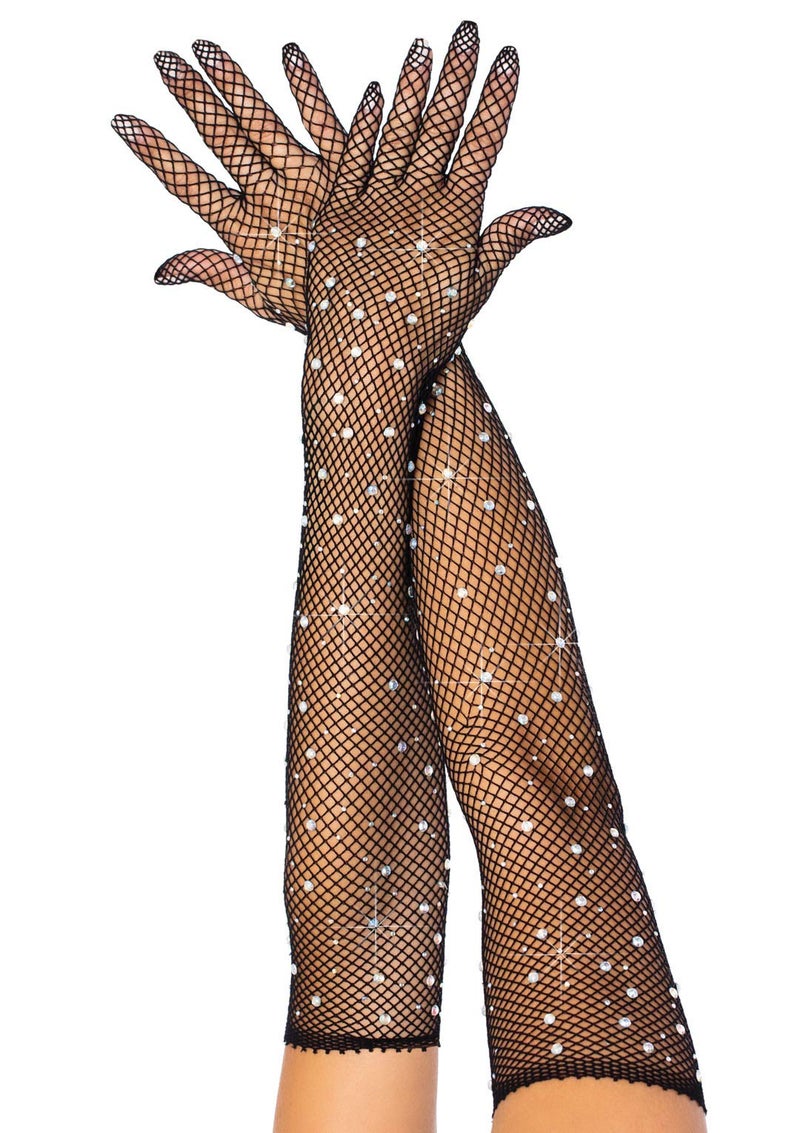 Leg Avenue womens Rhinestone Fishnet Long Gloves Lingerie Set, Black, One Size US - Image 1