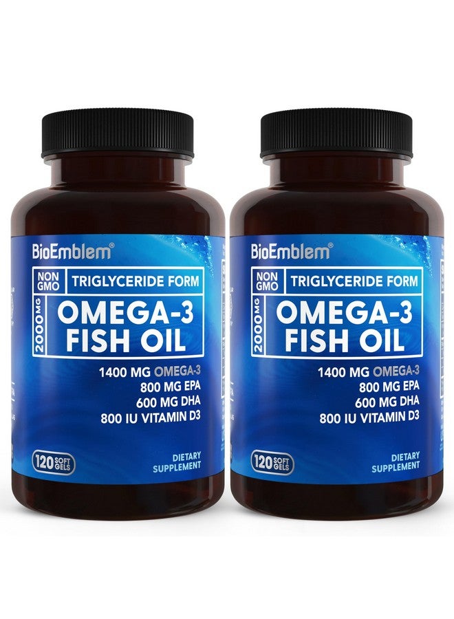 BioEmblem زيت السمك أوميغا-3 من بايو إمبلم 2000 ملغ - كبسولات صغيرة ناعمة، شكل عالي الامتصاص، مستدام - 1400 ملغ EPA وDHA بالإضافة إلى فيتامين D3، غير معدّل وراثيًا، لصحة القلب والمفاصل والدماغ، مكمل زيت السمك، 240 حبة - Image 1