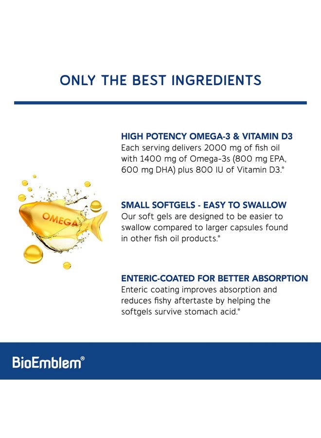 BioEmblem زيت السمك أوميغا-3 من بايو إمبلم 2000 ملغ - كبسولات صغيرة ناعمة، شكل عالي الامتصاص، مستدام - 1400 ملغ EPA وDHA بالإضافة إلى فيتامين D3، غير معدّل وراثيًا، لصحة القلب والمفاصل والدماغ، مكمل زيت السمك، 240 حبة - Image 3