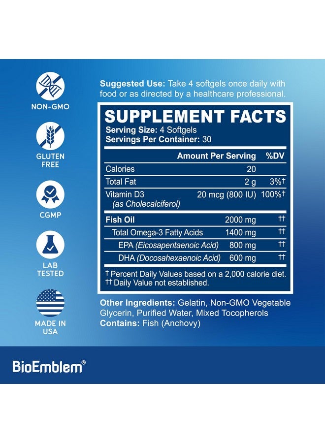 BioEmblem زيت السمك أوميغا-3 من بايو إمبلم 2000 ملغ - كبسولات صغيرة ناعمة، شكل عالي الامتصاص، مستدام - 1400 ملغ EPA وDHA بالإضافة إلى فيتامين D3، غير معدّل وراثيًا، لصحة القلب والمفاصل والدماغ، مكمل زيت السمك، 240 حبة - Image 2