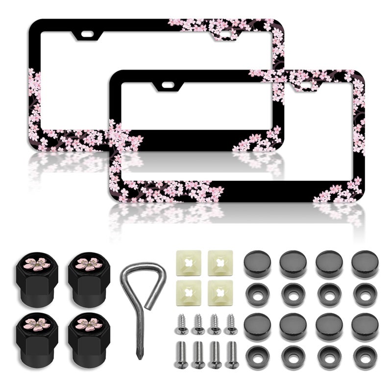 DGDRHZ Cherry Blossoms License Plate Frame Premium Pink Flowers Steel License Plate Holder Compatible All Vehicle License Plate Tag Cover Fit Accessories Included Pink - Image 3
