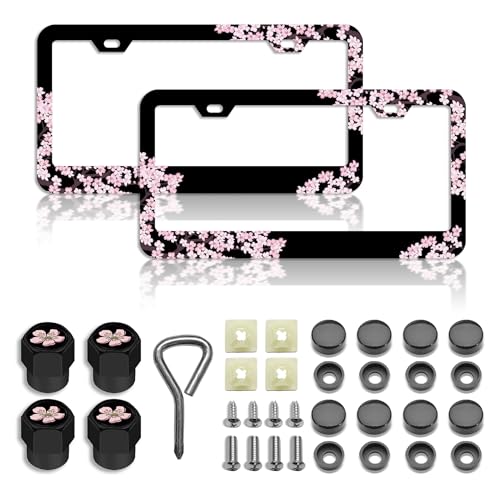 DGDRHZ Cherry Blossoms License Plate Frame Premium Pink Flowers Steel License Plate Holder Compatible All Vehicle License Plate Tag Cover Fit Accessories Included Pink - Image 1