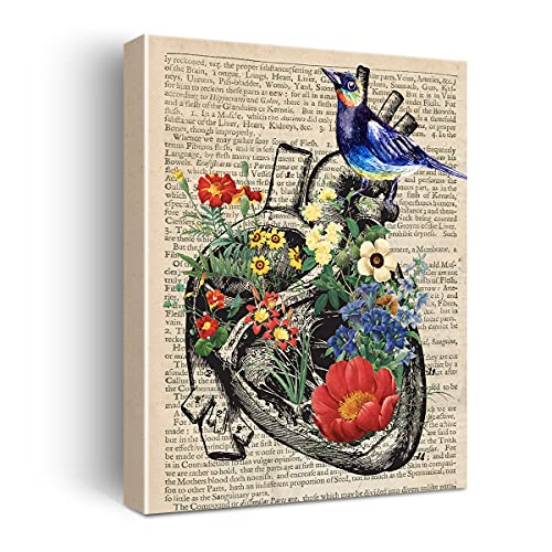 Hijie Anatomy Art Print Poster Canvas Wall Art for Home/Doctor Office/Medical School Decor -Bird on Anatomical Flower Heart Anatomical Canvas Print Wall Art Painting Ready to Hang Graduation Doctor Gifts - Easel & Hanging Hook 12x15 Inch - Image 1