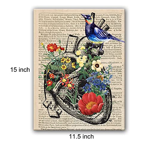 Hijie Anatomy Art Print Poster Canvas Wall Art for Home/Doctor Office/Medical School Decor -Bird on Anatomical Flower Heart Anatomical Canvas Print Wall Art Painting Ready to Hang Graduation Doctor Gifts - Easel & Hanging Hook 12x15 Inch - Image 2
