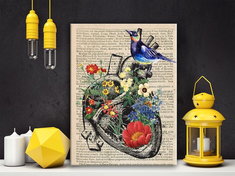 Hijie Anatomy Art Print Poster Canvas Wall Art for Home/Doctor Office/Medical School Decor -Bird on Anatomical Flower Heart Anatomical Canvas Print Wall Art Painting Ready to Hang Graduation Doctor Gifts - Easel & Hanging Hook 12x15 Inch - Image 4