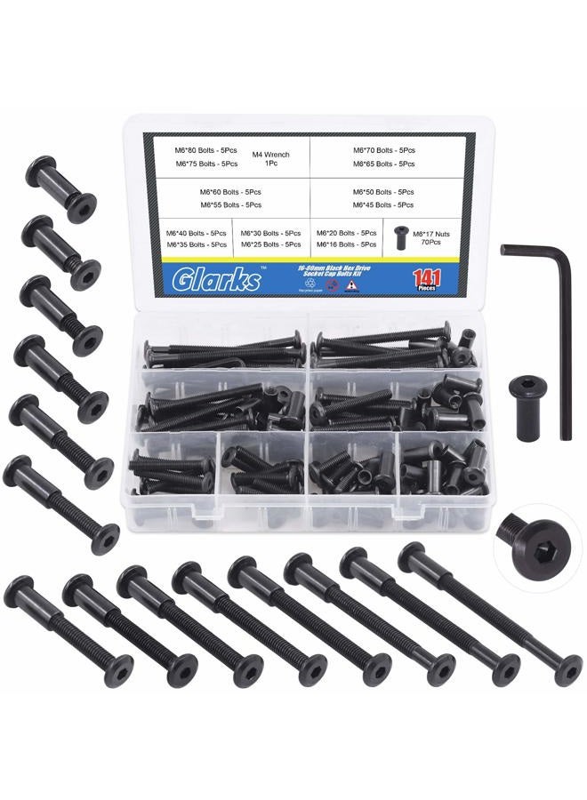 Glarks 141Pcs M6x16/ 20/25/ 30/35/ 40/45/ 50/55/ 60/65/ 70/75/ 80mm Black Hex Drive Socket Cap Bolts Kit, Countsunk Furniture Crib Bolts Nuts Screws for Chair Table Cabinets - Image 1