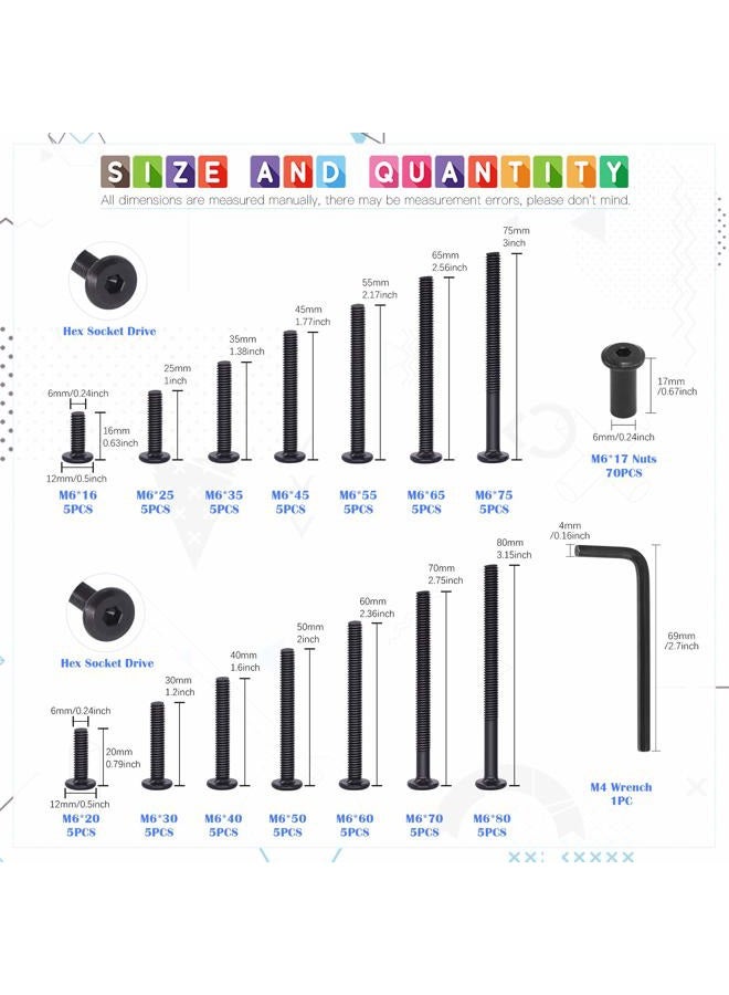 Glarks 141Pcs M6x16/ 20/25/ 30/35/ 40/45/ 50/55/ 60/65/ 70/75/ 80mm Black Hex Drive Socket Cap Bolts Kit, Countsunk Furniture Crib Bolts Nuts Screws for Chair Table Cabinets - Image 2