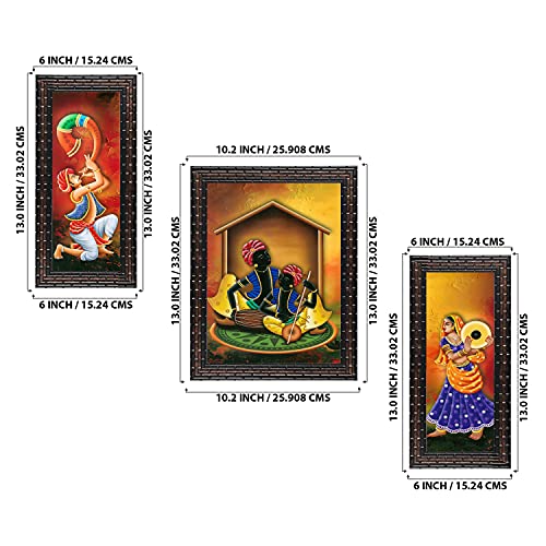 Indianara Set of 3 Folk Artists Framed Art Painting (1084GB) without glass 6 X 13, 10.2 X 13, 6 X 13 INCH - Image 2
