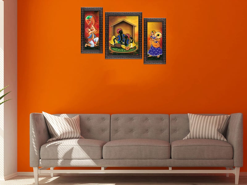Indianara Set of 3 Folk Artists Framed Art Painting (1084GB) without glass 6 X 13, 10.2 X 13, 6 X 13 INCH - Image 3