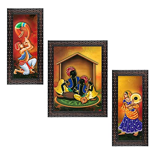 Indianara Set of 3 Folk Artists Framed Art Painting (1084GB) without glass 6 X 13, 10.2 X 13, 6 X 13 INCH - Image 1