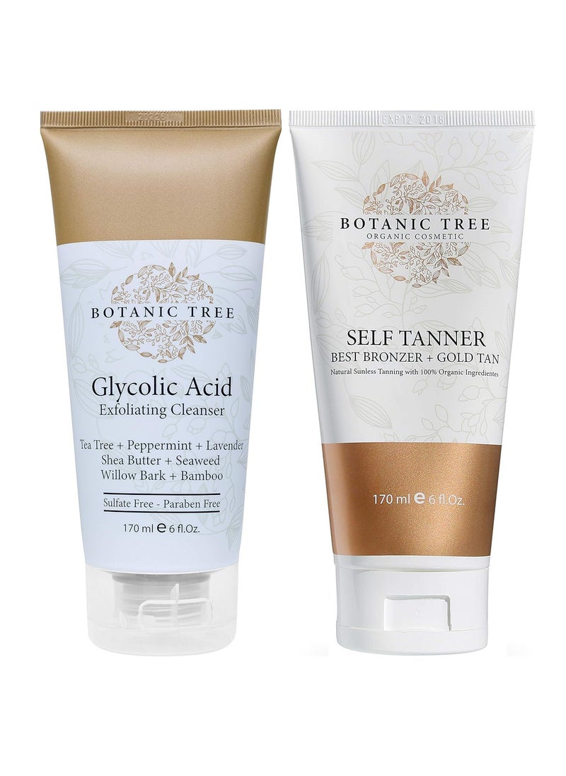 Botanic Tree - Botanic Tree Glycolic Acid Face Wash Exfoliating Cleanser 6oz w/10% Glycolic Acid Self Tanner, Sunless Tanner Organic and Natural, Self Tanning Lotion for Flawless Bronzer Skin - Image 1