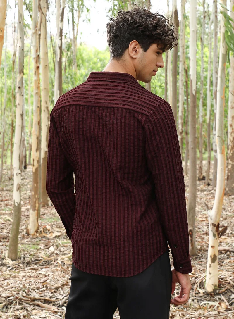 CAHOOT  Men's Wine Red Edgy-Stripe Jacquard Shirt for Men | Best Price UAE