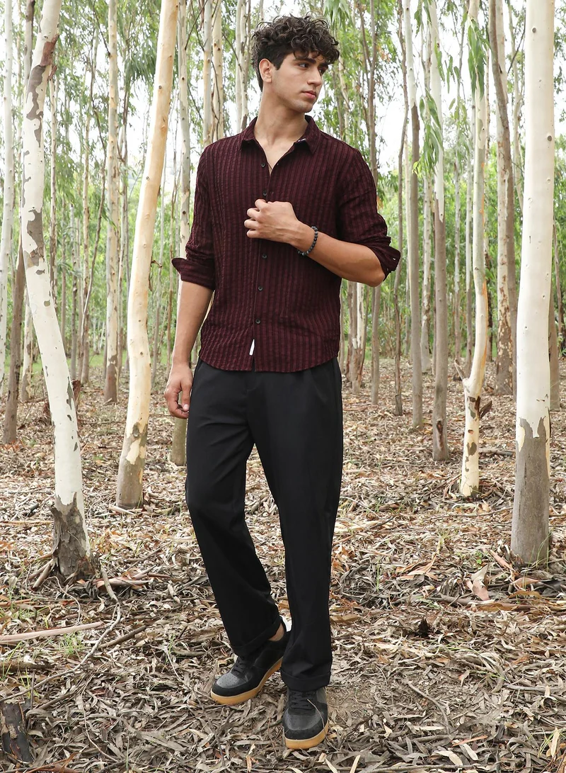CAHOOT  Men's Wine Red Edgy-Stripe Jacquard Shirt for Men | Best Price UAE