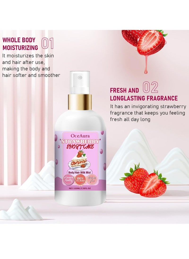 OceAura - 100ML Strawberry Shortcake Body and Hair Milk Mist Spray Whole Body Moisturizing Hydrating Fresh and Long Lasting Strawberry Fragrance Body Hair Oil Spray Nourishing Hair and Body Spray - Image 1