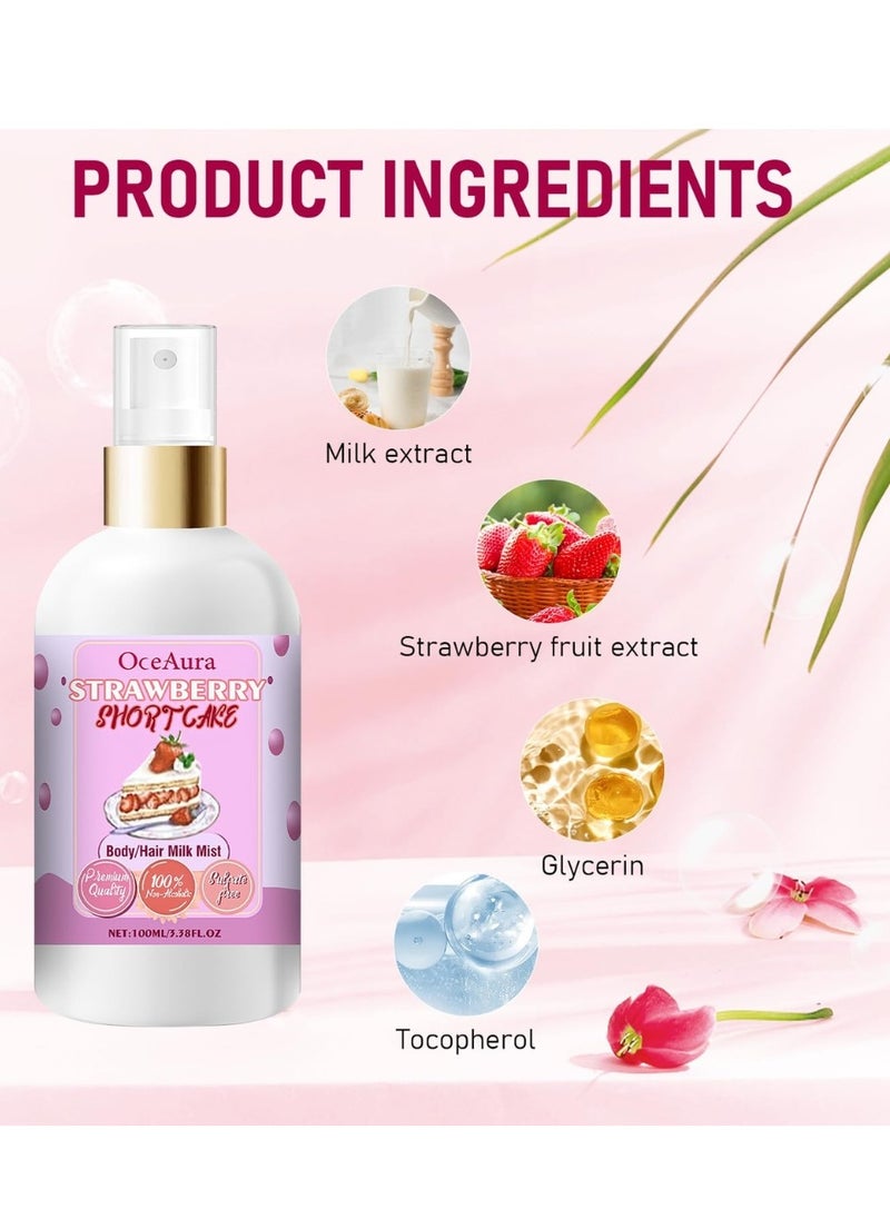 OceAura - 100ML Strawberry Shortcake Body and Hair Milk Mist Spray Whole Body Moisturizing Hydrating Fresh and Long Lasting Strawberry Fragrance Body Hair Oil Spray Nourishing Hair and Body Spray - Image 1