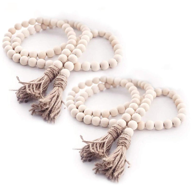 GRBAMBI 2Pcs Wood Beads Garland - Natural Prayer Wood String Beads Farmhouse Beads Wall Hanging For Wall Vase Door Handle Decor - Image 1
