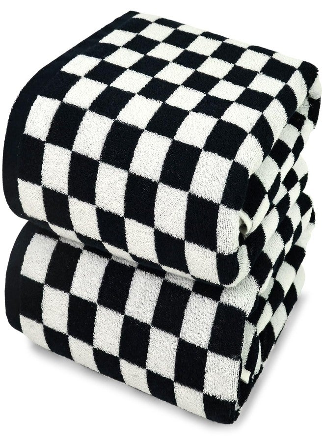 Jacquotha Bath Towels Black & White Checkered - 100% Cotton, 27.5" x 55", Soft & Absorbent & Quick Dry, Set of 2 Towels for Bathroom, Pool, Beach, Spa - Image 1
