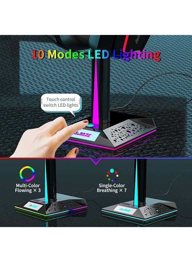 Arabest Rgb Gaming Headset Stand With 3.5Mm Aux And 2 Usb Ports Touch Control 10 Lighting Modes Headset Stand For Pc Gamers Desktop Accessories Black  - Image 2