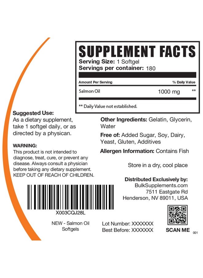 BULKSUPPLEMENTS.COM - Salmon Oil Softgels Omega 3 Supplement Wild Alaskan Salmon Oil Fish Oil Supplement Salmon Oil Supplements Per Serving Salmon Oil Capsules 180 Softgels - Image 1