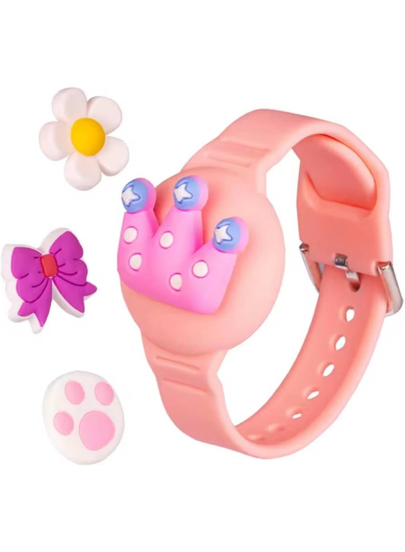 Ecosystem Kids Bracelet for Airtag with 4 pcs Cartoon charms Adjustable Watch Band, Soft Silicone Wristband Case Cover for Airtag, Lightweight Holder for Apple AirTag Watch Band for Toddler (Pink)