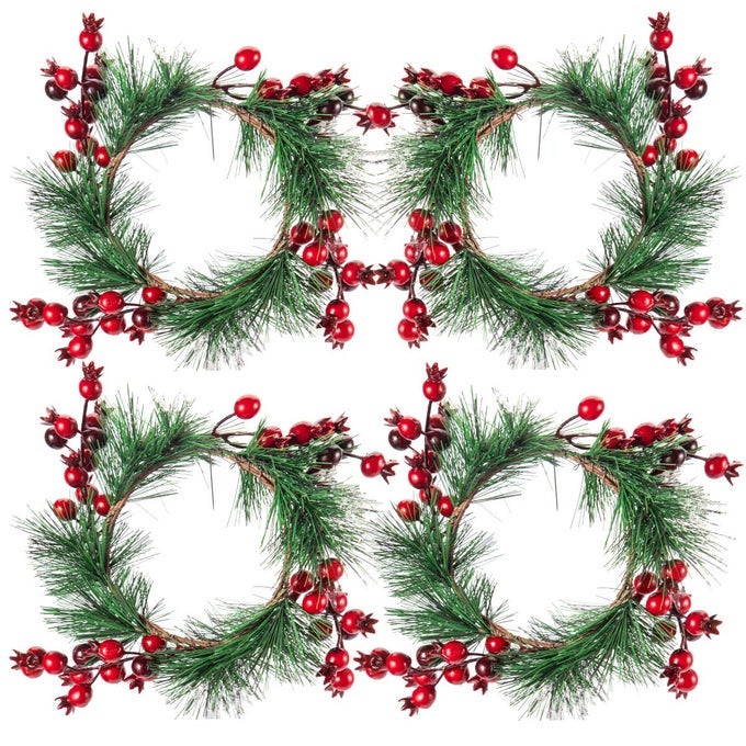 Christmas Candle Rings 43 Inches Candle Wreaths Candle Garland with Artificial Red Berries Xmas Wreath Candle Holder for Christmas Wedding Table Dinner Party Decoration 4 Pcs