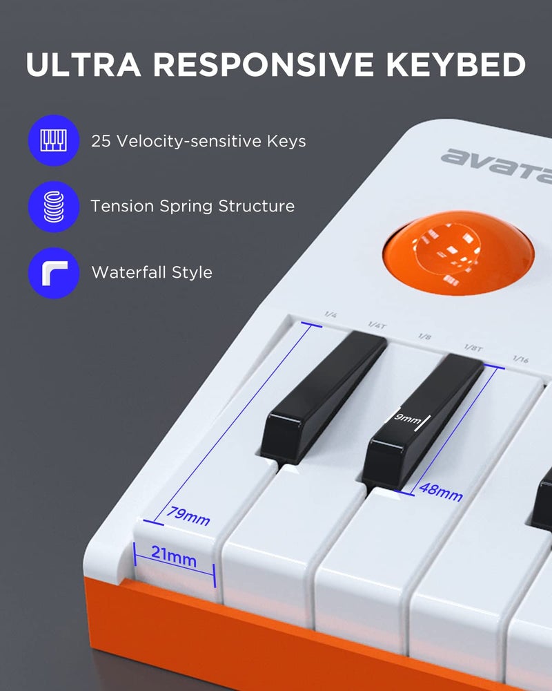 HXW 25 مفتاح USB MIDI لوحة مفاتيح تحكم مع بلوتوث، لوحة مفاتيح ميني مهنية مع شاشة OLED، آلة صنع الإيقاع لإنتاج الموسيقى، البرمجيات متضمنة، EMK-25 أبيض - Image 2