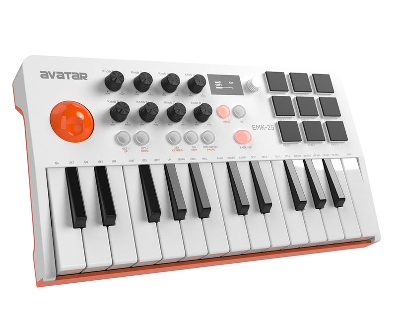 HXW 25 مفتاح USB MIDI لوحة مفاتيح تحكم مع بلوتوث، لوحة مفاتيح ميني مهنية مع شاشة OLED، آلة صنع الإيقاع لإنتاج الموسيقى، البرمجيات متضمنة، EMK-25 أبيض - Image 1