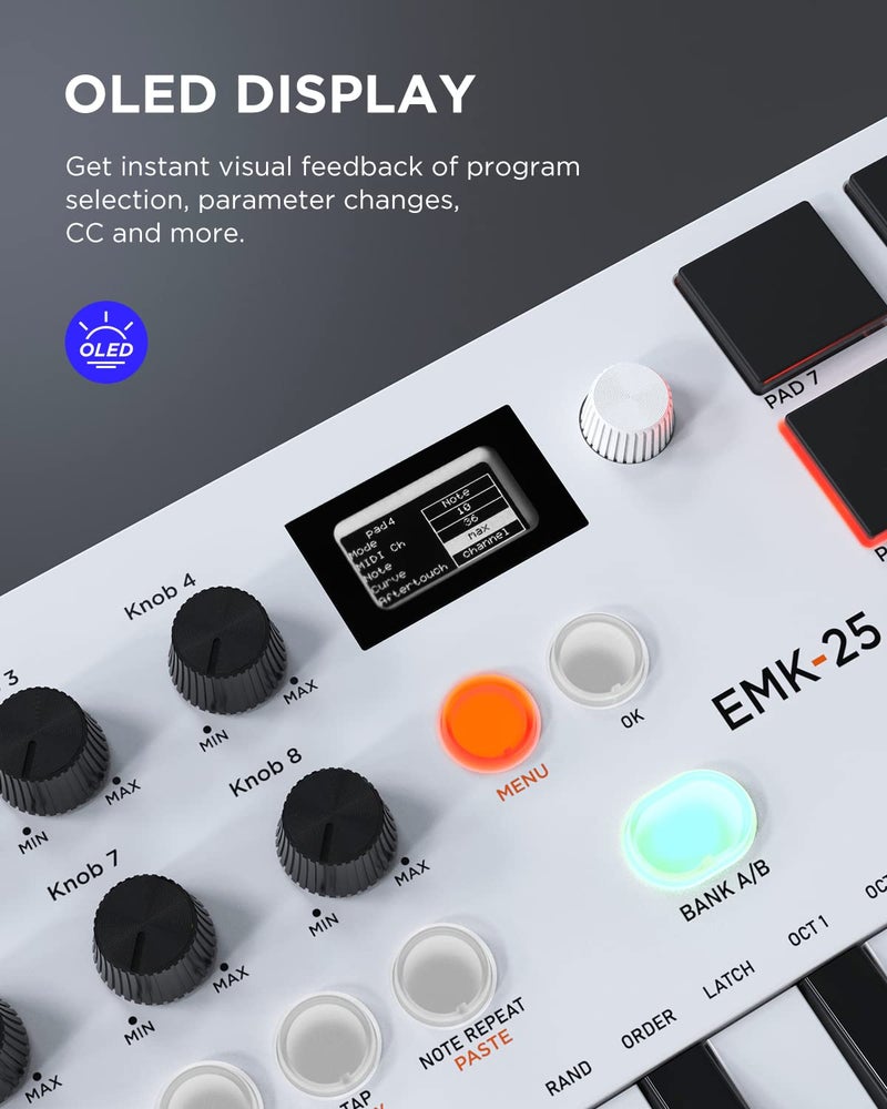HXW 25 مفتاح USB MIDI لوحة مفاتيح تحكم مع بلوتوث، لوحة مفاتيح ميني مهنية مع شاشة OLED، آلة صنع الإيقاع لإنتاج الموسيقى، البرمجيات متضمنة، EMK-25 أبيض - Image 3