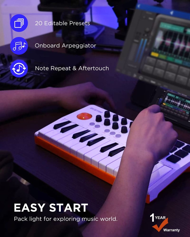 HXW 25 مفتاح USB MIDI لوحة مفاتيح تحكم مع بلوتوث، لوحة مفاتيح ميني مهنية مع شاشة OLED، آلة صنع الإيقاع لإنتاج الموسيقى، البرمجيات متضمنة، EMK-25 أبيض - Image 5