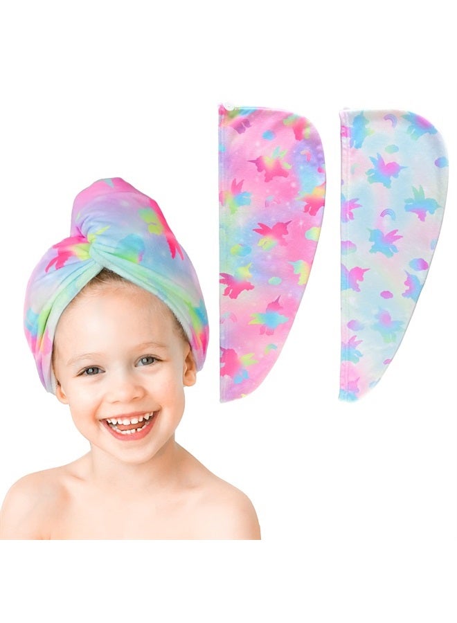 ELLEWIN Microfiber Hair Towel Wrap for Kids Girls 2 Pack Hair Turban Drying for Women Gifts Set Absorbent Quick Dry Twisty Anti Frizz Towel for Curly Long Thick Hair (Unicorn 2PK) - Image 1