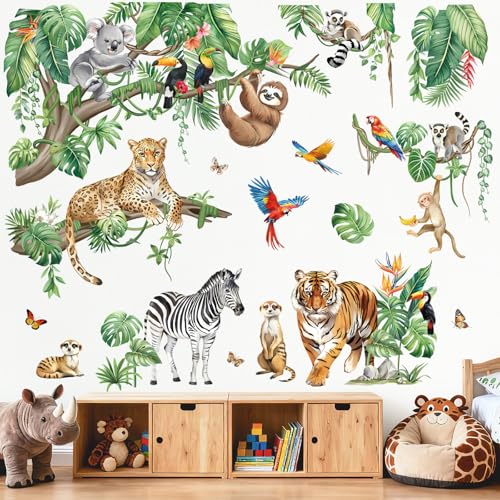 decalmile XXL Safari Animals Wall Stickers Jungle Tigers Lions Tropical Hanging Vine Leaves Wall Decals Baby Nursery Kids Bedroom Playroom Wall Decor - Image 3