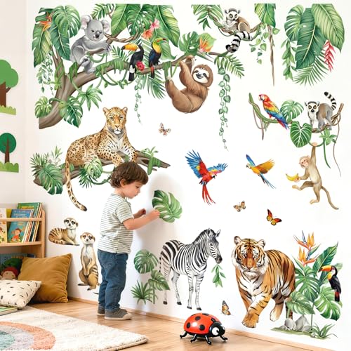 decalmile XXL Safari Animals Wall Stickers Jungle Tigers Lions Tropical Hanging Vine Leaves Wall Decals Baby Nursery Kids Bedroom Playroom Wall Decor - Image 1