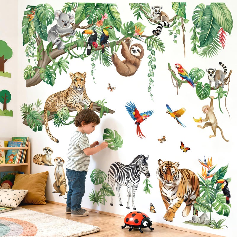 decalmile XXL Safari Animals Wall Stickers Jungle Tigers Lions Tropical Hanging Vine Leaves Wall Decals Baby Nursery Kids Bedroom Playroom Wall Decor - Image 2