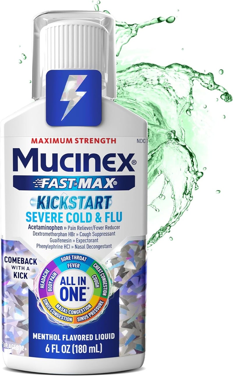 MUCINEX دواء موكسي نكس فاست-ماكس للبرد والإنفلونزا الشديدة مع جوايفينيسين وديكستروميثورفان، 6 أونصة سائلة