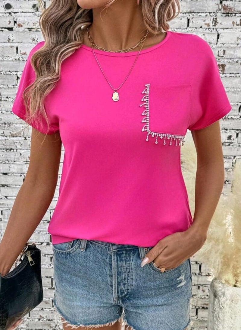 Shein SHEIN LUNE Women's Solid Color Asymmetric Shoulder Short Sleeve Pocket Casual T-Shirt  - Image 1