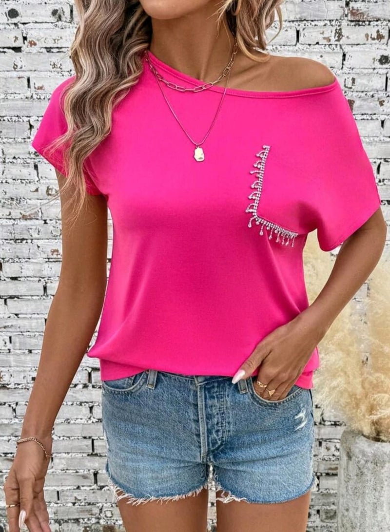 Shein SHEIN LUNE Women's Solid Color Asymmetric Shoulder Short Sleeve Pocket Casual T-Shirt  - Image 4