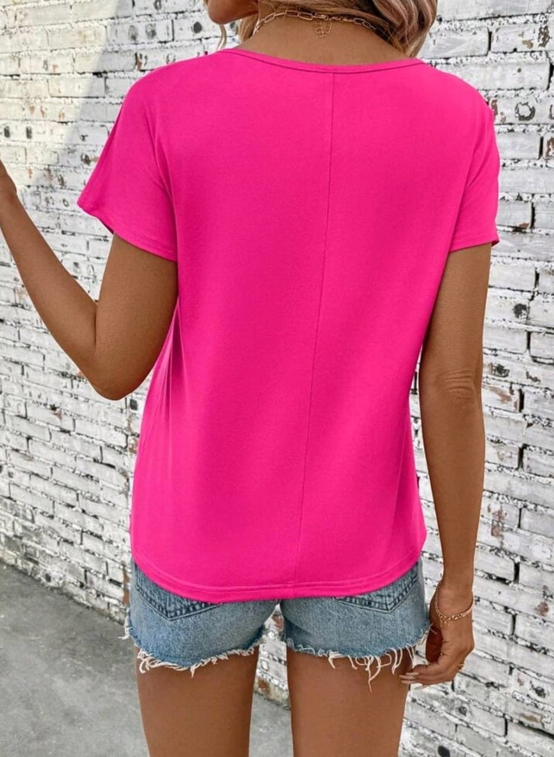 Shein SHEIN LUNE Women's Solid Color Asymmetric Shoulder Short Sleeve Pocket Casual T-Shirt  - Image 5