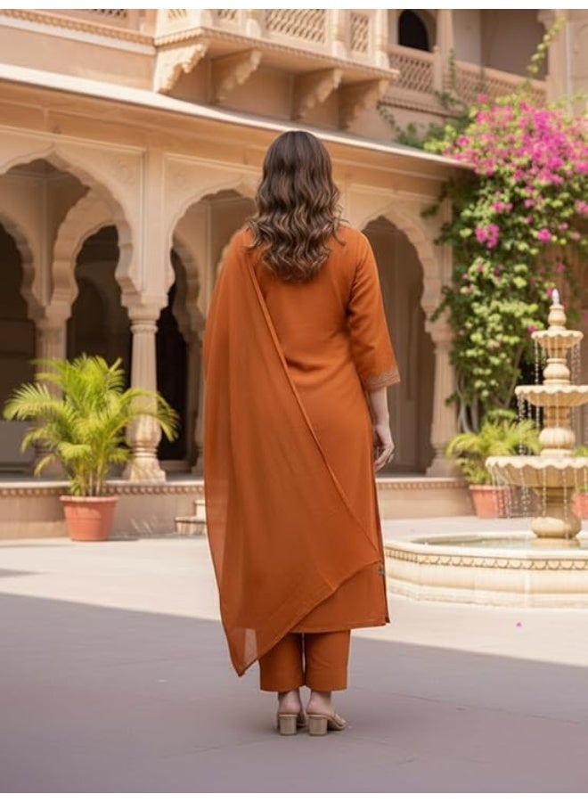 آني ديزاينر طقم كورتة مستقيمة مطرزة من رايون فيسكوز من تصميم آني للنساء، مع بنطال وشال | طقم كورتة وبنطال وشال للنساء | زي هندي تقليدي | مقاس متوسط - Image 2