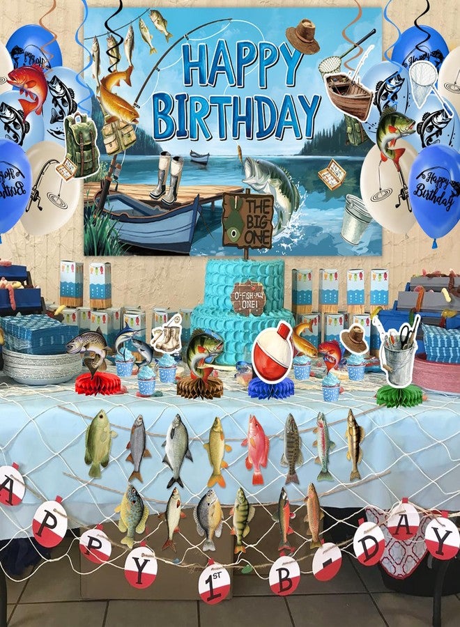 LINHAXM Fishing Birthday Party Decorations Includes Backdrop, Banner, Hanging Swirls, Balloons, Cake & Cupcake Toppers, Honeycomb Centerpieces for Ofishally One Birthday Decorations - Image 3